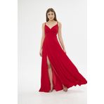 ModaLy Moda YENİ KIRMIZI RENK ESNEK KUMAŞ YIRTMAÇLI ASKILI ABİYE ELBİSE 582189