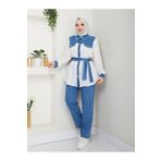 MODAMERSİ Kadın Ekru Mavi Jeans Detaylı Gömlek Pantolon İkili Takım