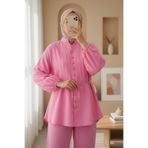 Modamorfo Kolu Bağcıklı Düğmeli V Yaka Tunik Pantolon Takım -Pembe