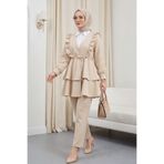 Modamorfo Önü Fırfırlı Bağcıklı Eteği Katlı Pantolonlu Kimono Takım -Krem