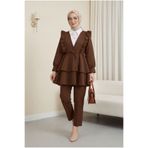 Modamorfo önü Fırfırlı Bağcıklı Eteği Katlı Pantolonlu Kimono Takım -taba