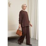 Modamorfo Yanları Çıtçıtlı Çimalı Pantolonlu Takım -K. Kahve