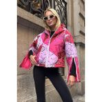 Modanı Seç Pembe Desenli Kapüşonlu Kolları Fermuarlı Kısa Şişme Mont - 00406 Pembe - L - XL