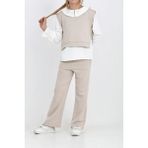 Modanino Kız Çocuk 3'lü Takım (Pantolon+Yelek+Bluz) 12429 - Ekru - 5 - 6 Yaş