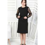 Modanino Kız Çocuk Kolları Tüllü ve Yonca+ Taş Süslemeli Elbise 9-15 Yaş 12565 - 13 - 14 Yaş - Siyah