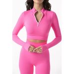 MODANTY Kadın Spor Takım Neon Pembe Dikişsiz Yüksek Bel Toparlayıcı Tayt ve Fermuarlı Crop Spor Kıyafeti
