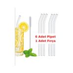 Modares Store Mutfaksultani Straw 6'Lı Şeffaf Cam Eğimli Isıya Dayanıklı Borosilikat Pipet Ve 1 Adet Pipet Temizleme Fırçası