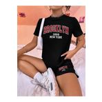 MODARİCH Brooklyn 1898 N.Y T-shirt Şort - Siyah Şortlu Tişört Alt Üst Takım Baskılı Oversize Bisiklet Yaka