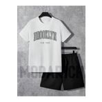 MODARİCH Brooklyn New York Beyaz T-Shirt Siyah Şort - Şortlu Tişört Alt Üst Takım Baskılı Bisiklet Yaka