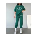 MODARİCH Çift Kalp T-Shirt Eşofman Altı - Nefti Yeşil Jogger Tişört Alt Üst Eşofman Takımı Bisiklet Yaka