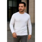 ModaSize Erkek Bisiklet Yuvarlak Yaka Triko Kazak Pamuklu Kalın Fitilli Dokuma, Regular Fit Uzun Kollu Kışlık Model - Beyaz - XL