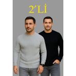 ModaSize Erkek Fitilli Triko Kazak 2’li Set – Siyah - Gri, Kalın Dokuma Pamuklu Regular Fit Bisiklet Yaka Uzun Kollu Rahat Kışlık Kazak Kombini - XL