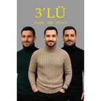 ModaSize Erkek Fitilli Triko Kazak 3lü Set Bej Haki Siyah Regular Balıkcı Yaka Tam Boğazlı Triko Seti Modeli Kazak - Haki - Siyah - Bej - 2XL