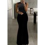ModaSize Kadın Omuz Çoklu Askılı Önü Taş Işlemeli Balık Kesim Janjan Krep Maxi Boy Elbise - 2XL - 3XL - Siyah