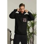 ModaSize(10719) Erkek Oversize Üç Iplik Kapüşonlu Sweatshirt –sırt ve Ön Baskılı, Kanguru Cepli, Rahat Kalıp Maskot Desenli Model - Siyah-M-