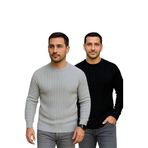 ModaSize(11904) Erkek Fitilli Triko Kazak 2’li Set – Siyah - Gri, Kalın Dokuma Pamuklu Regular Fit Bisiklet Yaka Uzun Kollu Rahat Kışlık Kazak Kombini-L-