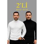 ModaSize(11940) Erkek Fitilli Triko Kazak 2li Set Beyaz Siyah Regular Balıkcı Yaka Tam Boğazlı Triko Seti Modeli Kazak-XL-