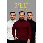 ModaSize(11976) Erkek Fitilli Triko Kazak 3lü Set Beyaz Bordo Siyah Regular Balıkcı Yaka Tam Boğazlı Triko Seti Modeli Kazak-XL-