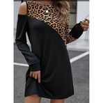 ModaSize(1265) Kadın Uzun Kollu Omuzdan Açık Leopar Desenli Viskon Iki Iplik Mini Elbise-2XL-3XL