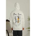 ModaSize(14284) Oversize Üç Iplik Şardonlu Kapüşonlu Sweatshirt – Beyaz “other Lives” Ön ve Arka Baskılı, Kanguru Cepli, Ribanalı Rahat Kışlık Model Beyaz-L-