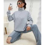 ModaSize(19052) Unisex Uzun Kol Yarım Farmuarlı Yakalı Basic Sweatshirt - Gri-XL-