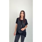 ModaSize(8536) Kadın Kısa Kollu Yuvarlak Yaka Viskon Bluz + Kolsuz Fermuarlı Çatlak Deri Yelek-L-XL