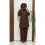 modasura 2850 K 75 kahverengi fitilli atlas kumaş tunik pantolon takım halka detay buyuk beden yeni sezon