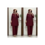 modasura 2850 K 90 bordo fitilli burgu kumaş tunik pantolon takım halka detay buyuk beden yeni sezon