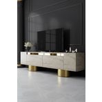 Modatte Bohem Gold Metal Ayaklı Gold Tasarım Traverten Mermer Tv Sehpası