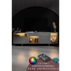 Modatte NORM TV ÜNİTESİ RGB LED IŞIKLI GOLD DEMİR AYAKLI RAFLI DOLAPLI ANTRASİT TV SEHPASI
