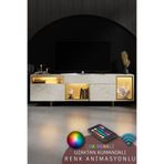 Modatte NORM TV ÜNİTESİ RGB LED IŞIKLI GOLD DEMİR AYAKLI RAFLI DOLAPLI TRAVERTEN TV SEHPASI