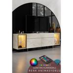 Modatte ZENİTH TV ÜNİTESİ RGB LED IŞIKLI GOLD DEMİR AYAKLI RAFLI DOLAPLI TRAVERTEN TV SEHPASI