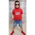 Modavals Kapişonlu Sweat Bileklik Zincir Aksesuarlı 4 Parça Erkek Çocuk Kot Şort Kombin - Kırmızı - 5 - 6 Yaş - Renkli