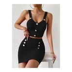 Modayakamoz Kadın Askılı V Yaka Düğmeli Crop Bluz Mini Etek Takım