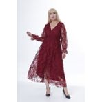 Modayız Kruvaze Yaka Uzun Kol Büyük Beden Dantel Elbise 20Y-2449 - 44 - 46 - 59R-Bordo