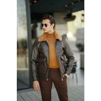 Modefendi Erkek Koyu Kahve Torba Cep Full Kürk Yaka Kahve Kürk Detaylı Deri Mont - XL - Çok Renkli