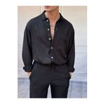 MODEFENDİ Erkek Siyah %100 Ham Keten Oversize Kesim Tek Cep Detaylı Yazlık Gömlek