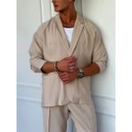 Modefendicom Marino Tam Yazlık Extra Oversize %100 Keten Ceket - Krem