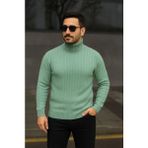 Moderie Butik Erkek Balıkcı Yaka Bağazlı Triko Kazak Pamuklu Kalın Fitilli Dokuma, Regular Fit Uzun Kollu Kışlık Model - Mint Yeşili - XL
