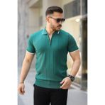 Moderie Butik Erkek Fermuar Yakalı Çizgi Dokulu Kısa Kollu Tişört - Yeşil - XL