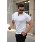 Moderie Butik Erkek Fermuar Yakalı Kısa Kollu Tişört - Beyaz - XL