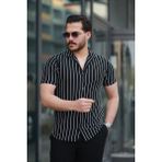 Moderie Butik Erkek Kısa Kollu Beyaz Çizgi Desenli Örme Kumaş Pamuklu Gömlek - Siyah - XL