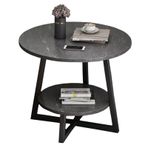 Modern 2 Katmanlı Suni Mermer Sehpa, Depolama Raflı Yuvarlak Kanepe Yan Sehpası, Balkon, Yatak Odası, Oturma Odası için, Siyah 50 cm