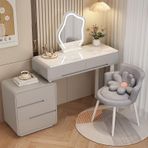 Modern 3'ü 1 arada makyaj masası, LED ışıklı makyaj masası, ayna ve sandalyeli makyaj masası, yerden tasarruf sağlayan beyaz parlak makyaj masası, kadınlar için çekmeceli gri tabure dahil
