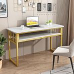 Modern 40/47" Beyaz ve Altın Bilgisayar Masası, 2 Katmanlı Depolama Raflı, Metal Çerçeve Ofis Yazma Çalışma Masası PC/Dizüstü Bilgisayar için (100x50cm) - Şık ve İşlevsel İş İstasyonu