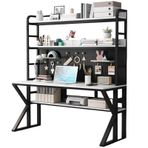 Modern 43" Metal Çerçeve ve Depolama Raflı Bilgisayar Masası Çok Yönlü Ev Ofis Yazı Masası ve Pegboardlu Oyun İş İstasyonu (Siyah ve Beyaz)