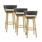 Modern 65 cm Tezgah Yüksekliği Bar Tabureleri 3'lü Set 360° Döner Mutfak Sandalyesi Altın Krom Tabanlı Döşemeli Yemek Odası Tabureleri Zarif Gri