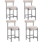 Modern 66 cm Tezgah Yüksekliği Bar Tabureleri 4'lü Döşemeli Mutfak Ada Sandalyeleri Siyah Metal Ayaklı Şık Bej Keten Tasarım Yemek Odası ve Ev Barı için