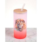 Modern Aslan Baskılı 600 ml Cam Matara- Su Matarası, Suluk Matara, Cam Pipetli Matara