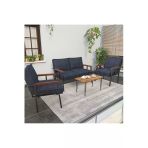Modern Balkon, Bahçe, Cafe, Metal Kanepe Koltuk Takımı , Bahçe Mobilyası, 211 Sehpalı - Lacivert